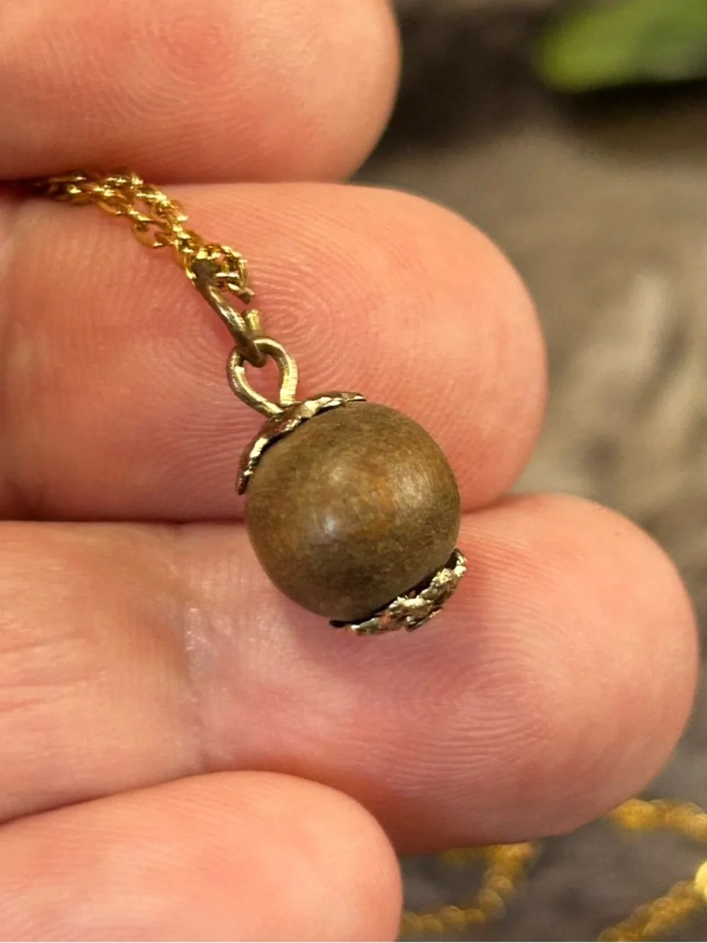 Handcrafted vintage wood bead pendant on chain necklace